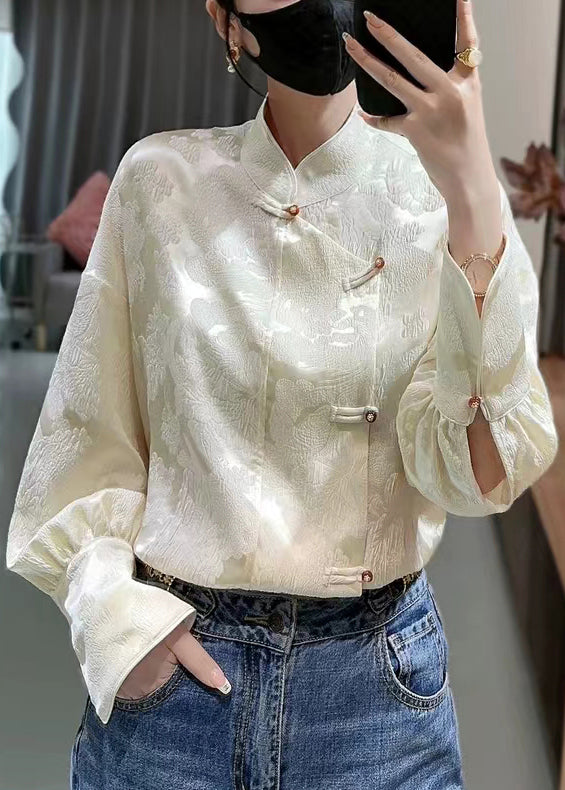 French Apricot Stand Collar Print Silk Blouses Spring Qa1053