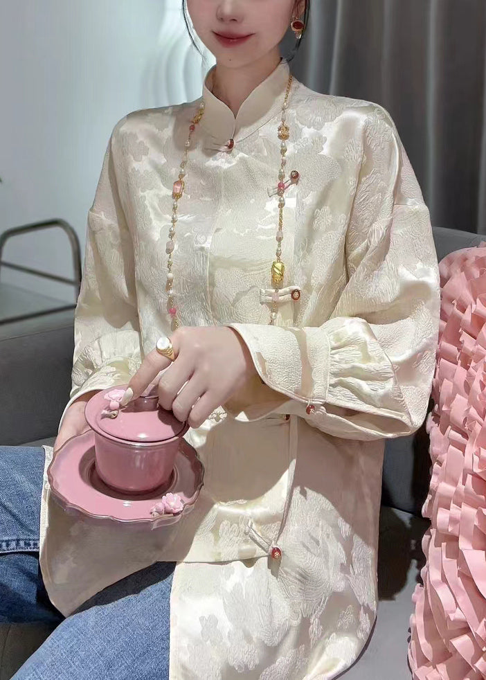 French Apricot Stand Collar Print Silk Blouses Spring Qa1053