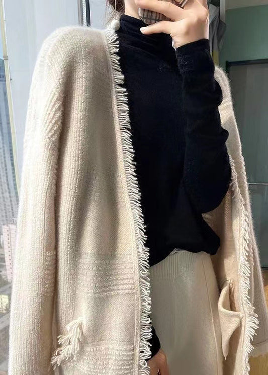 French Apricot Tasseled Pockets Wool Loose Cardigans Fall Wo019