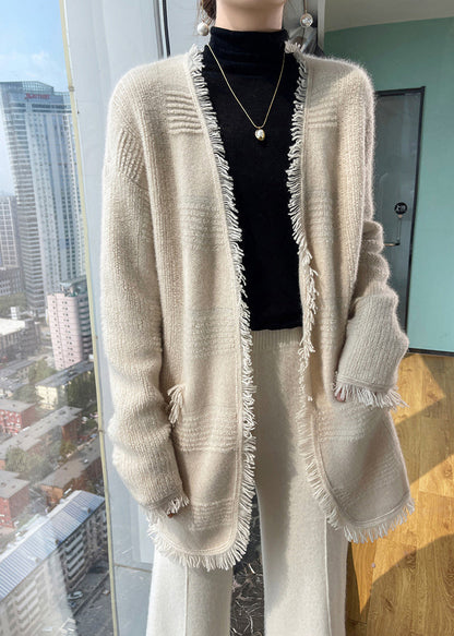 French Apricot Tasseled Pockets Wool Loose Cardigans Fall Wo019