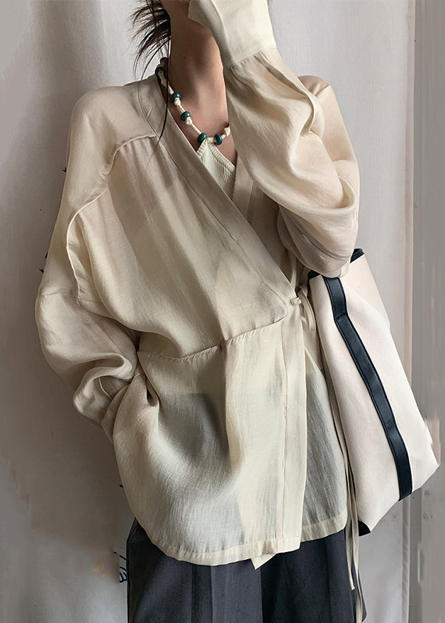 French Apricot V Neck Lace Up Silk Cotton Blouse Long Sleeve Ee022