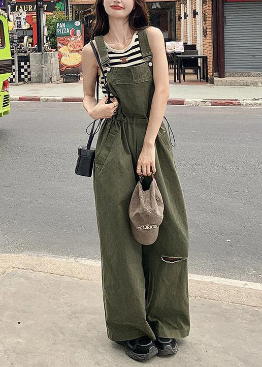 French Army Green Drawstring Pockets Cotton Jumpsuit Sleeveless Xx028