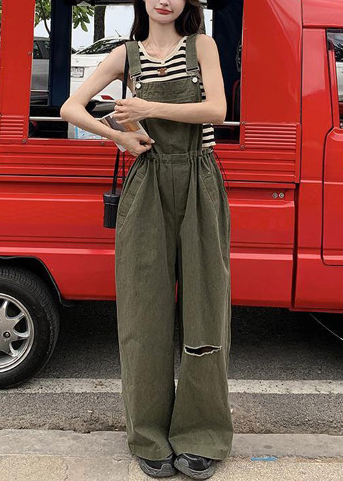 French Army Green Drawstring Pockets Cotton Jumpsuit Sleeveless Xx028