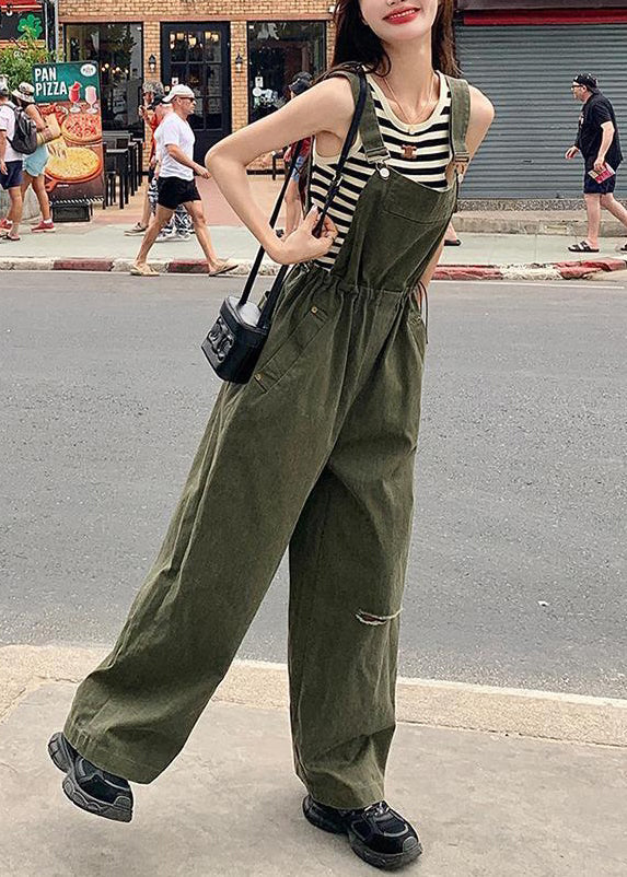 French Army Green Drawstring Pockets Cotton Jumpsuit Sleeveless Xx028