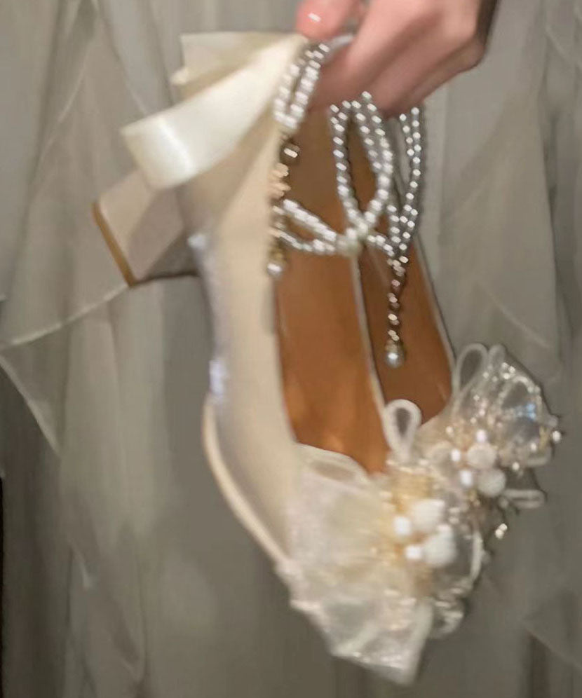 French Beige Bow Pearl Splicing Chunky Heel Shoes Dd1002