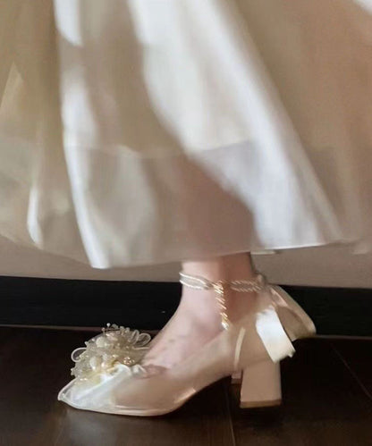 French Beige Bow Pearl Splicing Chunky Heel Shoes Dd1002