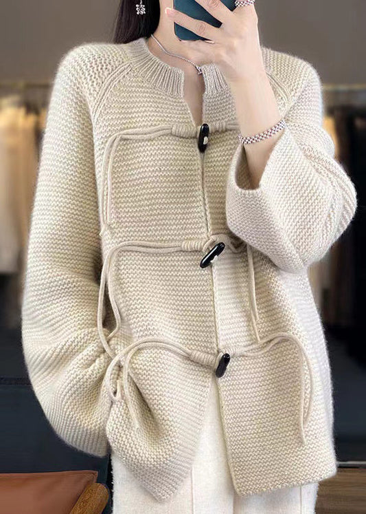 French Beige Button Cozy Woolen Knit Coats Fall Ab1030