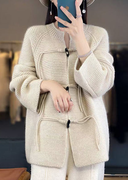 French Beige Button Cozy Woolen Knit Coats Fall Ab1030