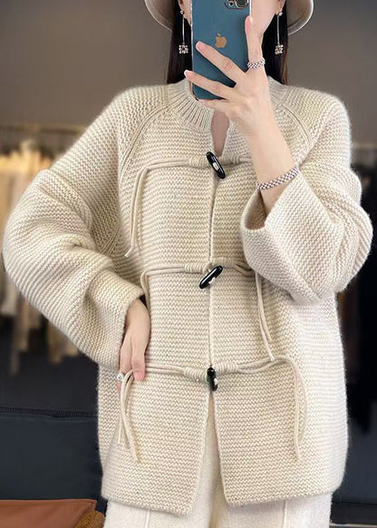 French Beige Button Cozy Woolen Knit Coats Fall Ab1030