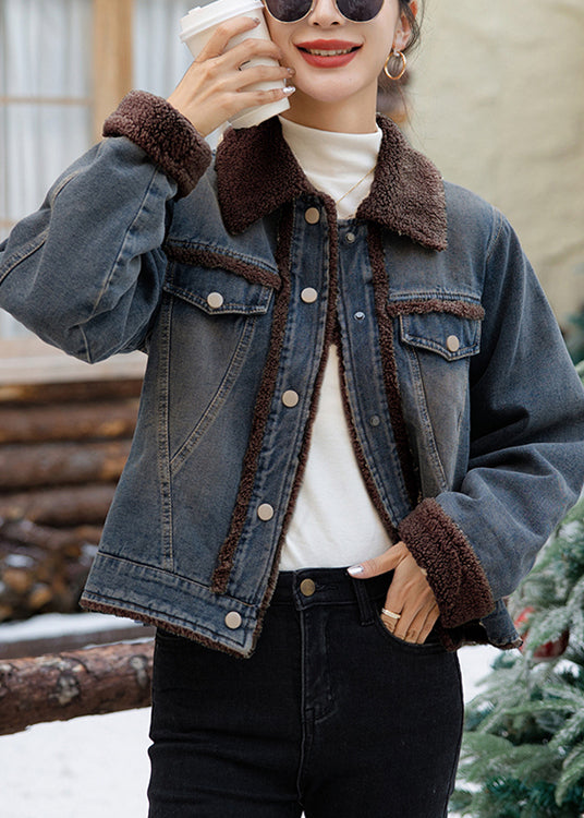 French Beige Button Patchwork Warm Fleece Coats Winter Ry022