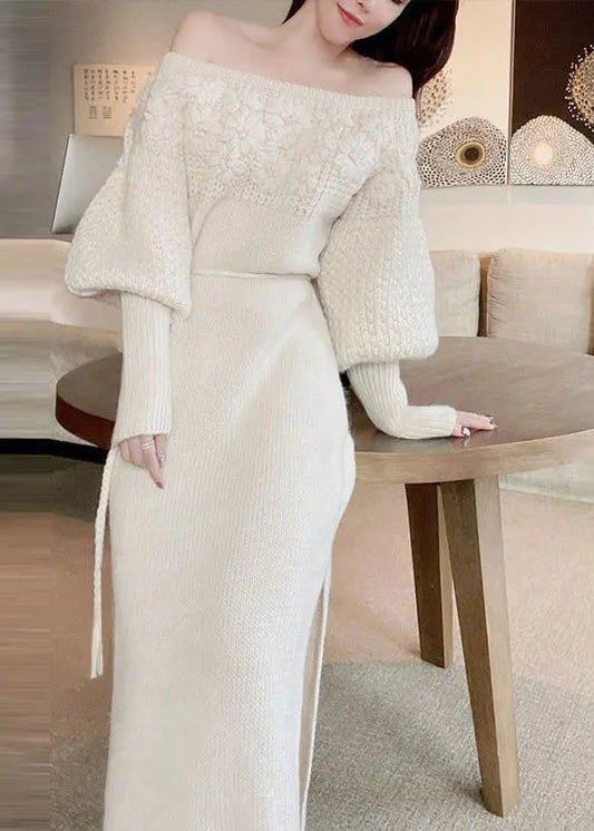 Flower Knitted Off Shoulder Sweater Dress Autumn