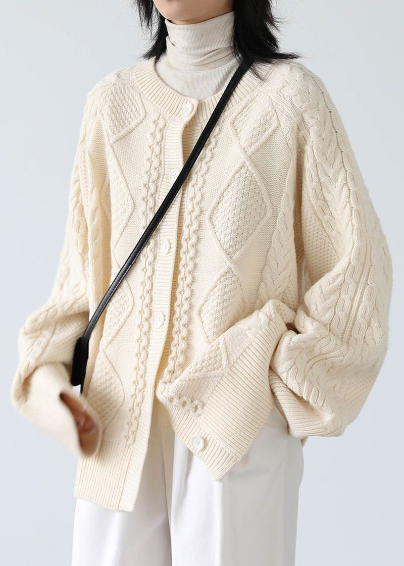 French Beige O Neck Button Cable Knit Coats Spring Yw019