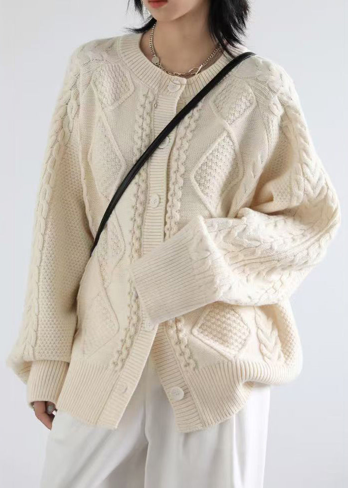 French Beige O Neck Button Cable Knit Coats Spring Yw019
