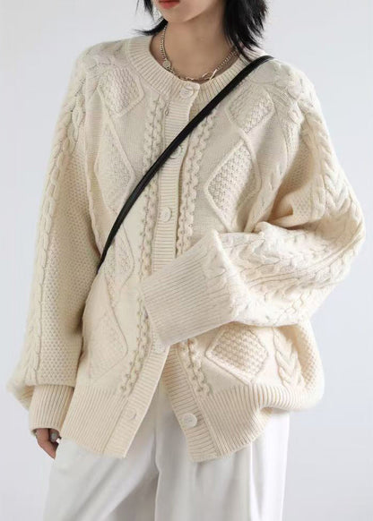 French Beige O Neck Button Cable Knit Coats Spring Yw019