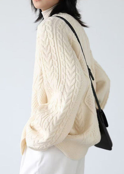 French Beige O Neck Button Cable Knit Coats Spring Yw019