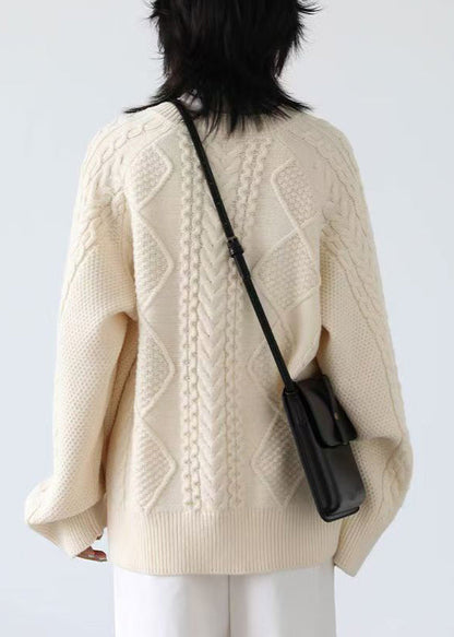 French Beige O Neck Button Cable Knit Coats Spring Yw019