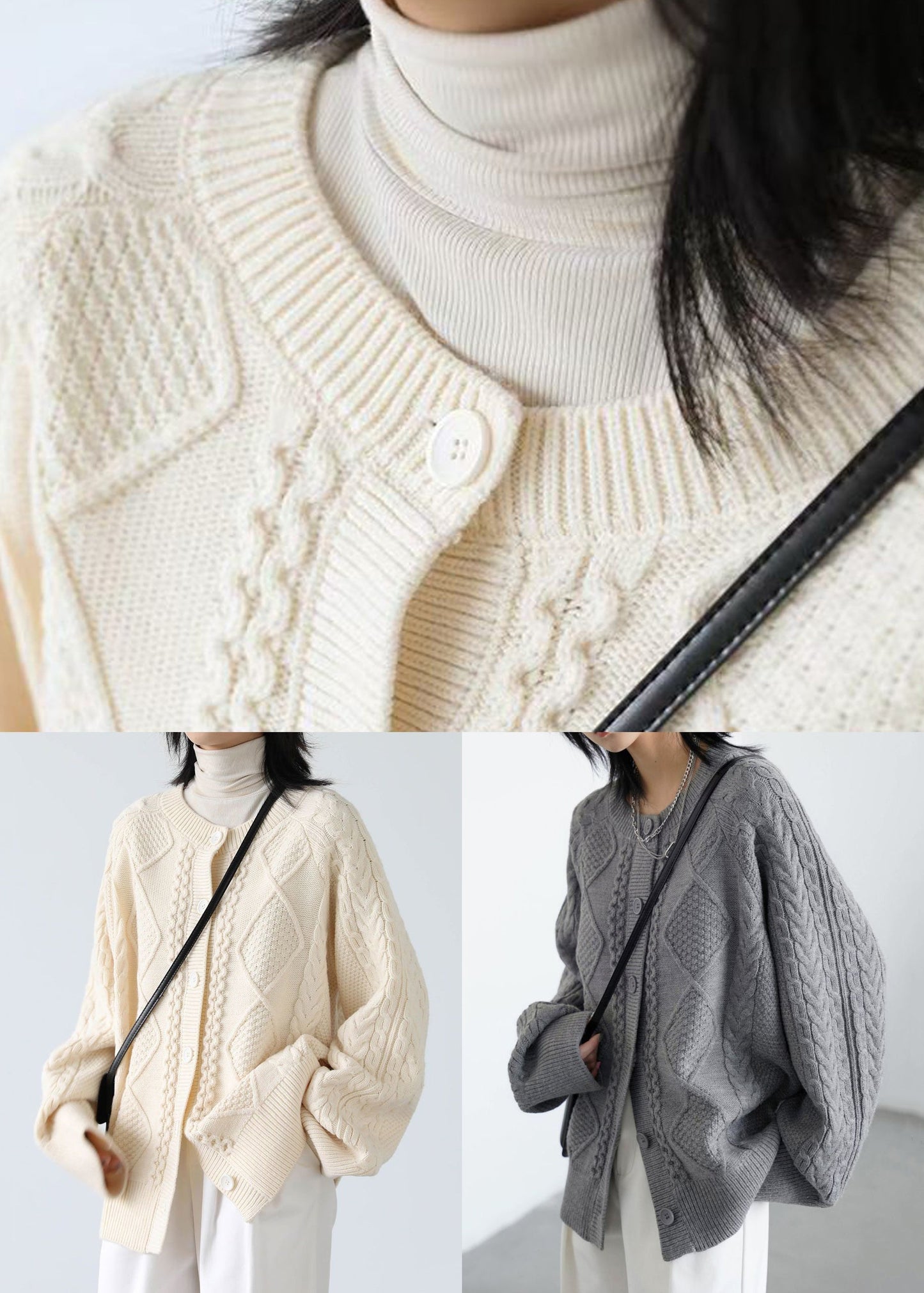 French Beige O Neck Button Cable Knit Coats Spring Yw019