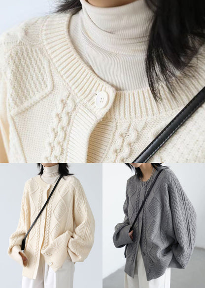 French Beige O Neck Button Cable Knit Coats Spring Yw019