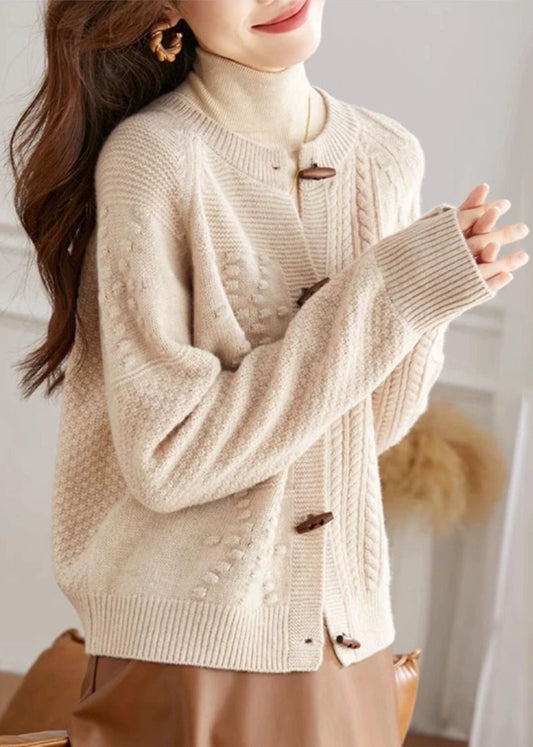 French Beige O Neck Button Cozy Knit Cardigan Fall Qi018