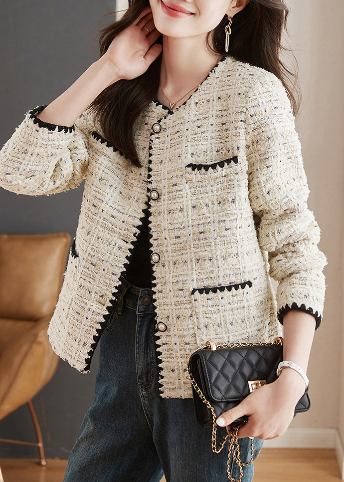 French Beige O Neck Button Pockets Cotton Coats Spring Th038