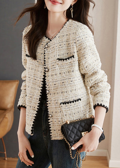 French Beige O Neck Button Pockets Cotton Coats Spring Th038