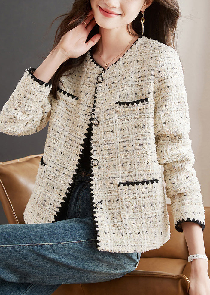 French Beige O Neck Button Pockets Cotton Coats Spring Th038