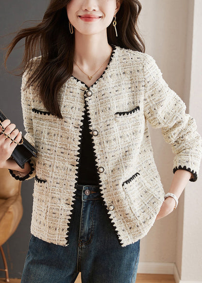 French Beige O Neck Button Pockets Cotton Coats Spring Th038