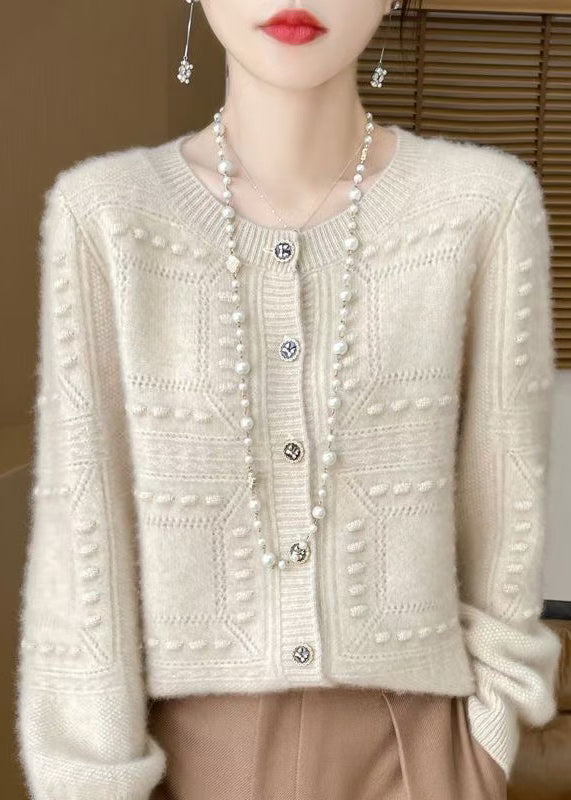 French Beige O Neck Jacquard Wool Cardigan Spring Tq021