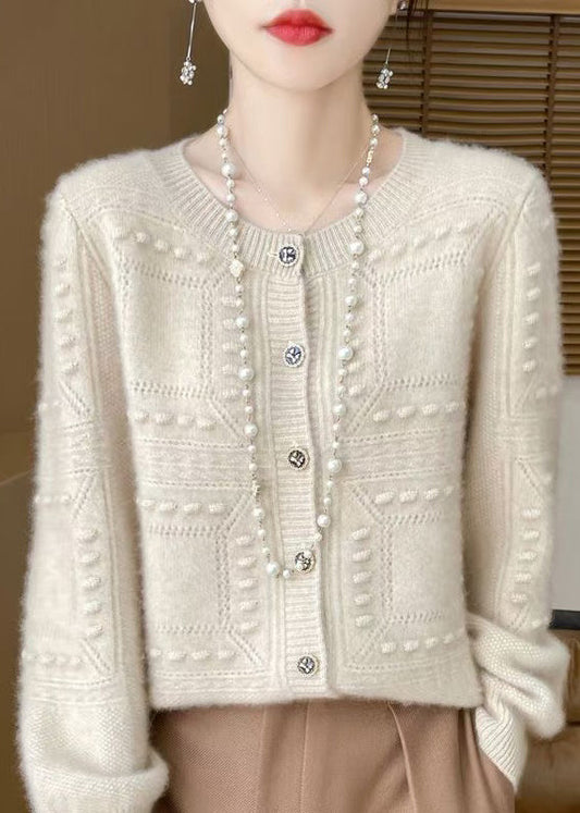 French Beige O Neck Jacquard Wool Cardigan Spring Tq021
