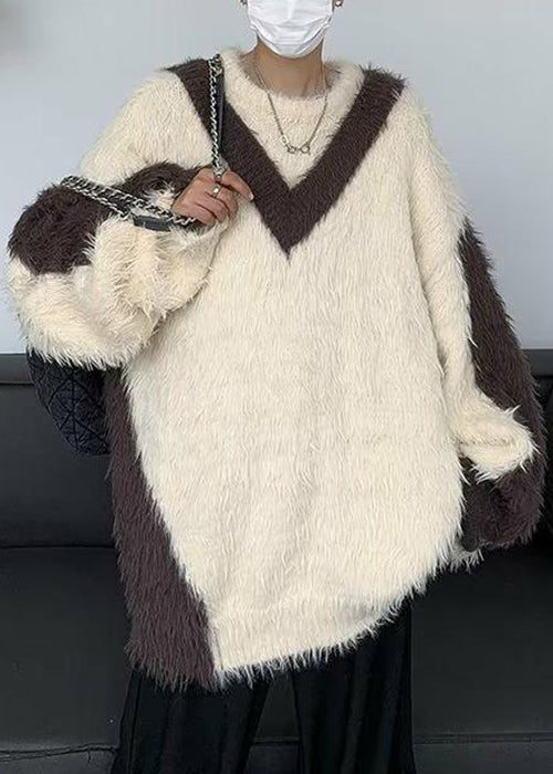 French Beige O-neck Patchwork Mink Velvet Sweater Winter Rc042