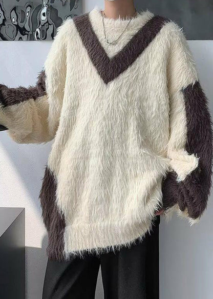 French Beige O-neck Patchwork Mink Velvet Sweater Winter Rc042