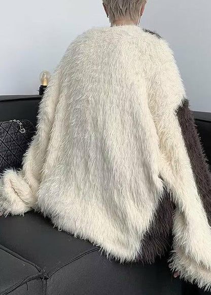 French Beige O-neck Patchwork Mink Velvet Sweater Winter Rc042
