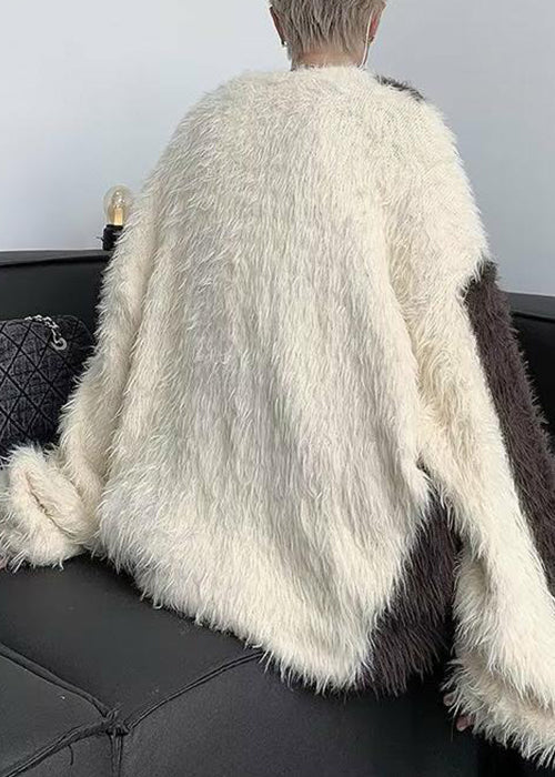French Beige O-neck Patchwork Mink Velvet Sweater Winter Rc042