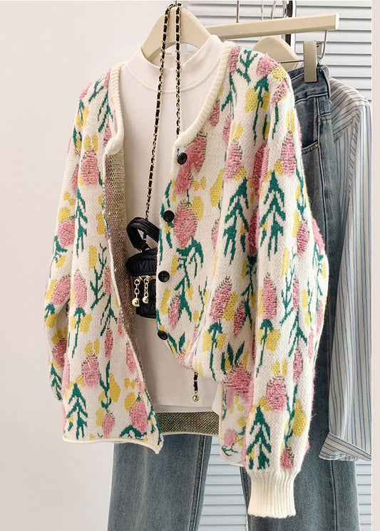 French Beige Oversized Jacquard Knit Cardigan Spring Tm035