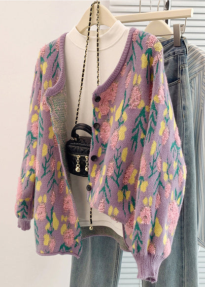 French Beige Oversized Jacquard Knit Cardigan Spring Tm035