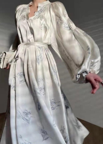 French Beige Print Tie Waist Silk Maxi Dress Long Sleeve Aj1016