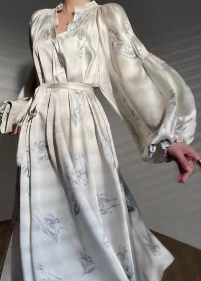 French Beige Print Tie Waist Silk Maxi Dress Long Sleeve Aj1016