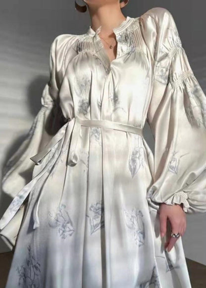 French Beige Print Tie Waist Silk Maxi Dress Long Sleeve Aj1016