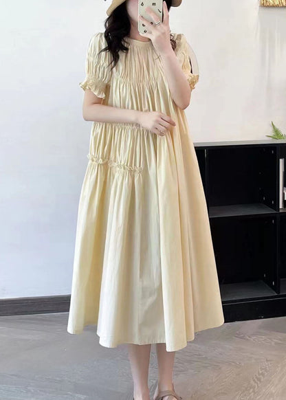 French Beige Ruffled Asymmetrical Patchwork Cotton Long Dresses Summer Ff006