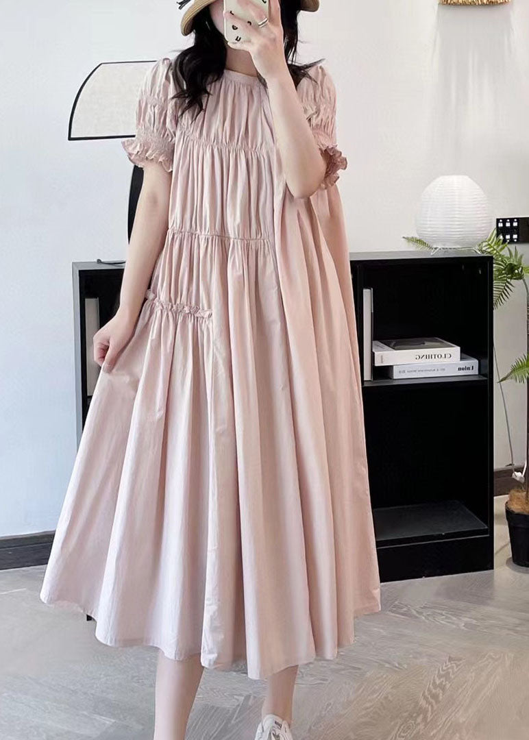 French Beige Ruffled Asymmetrical Patchwork Cotton Long Dresses Summer Ff006