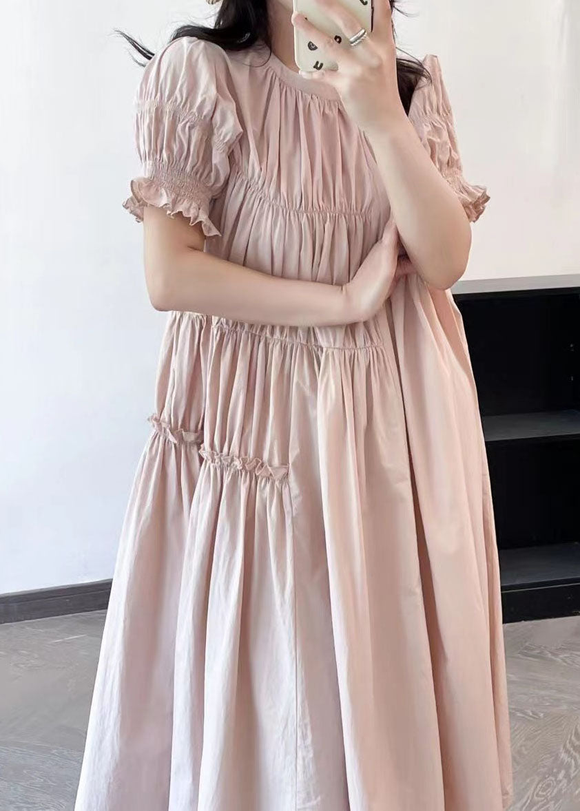 French Beige Ruffled Asymmetrical Patchwork Cotton Long Dresses Summer Ff006
