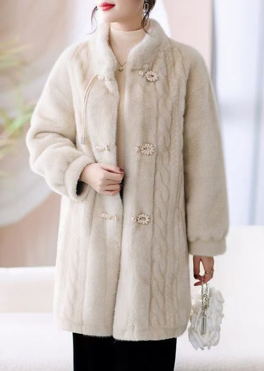 French Beige Stand Collar Button Pockets Mink Hair Coat Winter Rz008