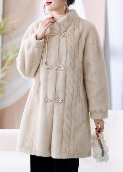 French Beige Stand Collar Button Pockets Mink Hair Coat Winter Rz008