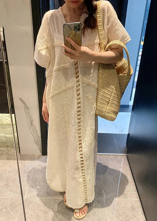French Beige V Neck Hollow Out Cotton Long Dress Summer Cg1018