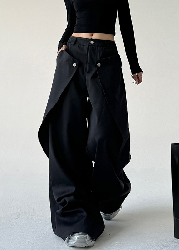 French Black Asymmetrical Pockets Draping Straight Pants Spring Ta059