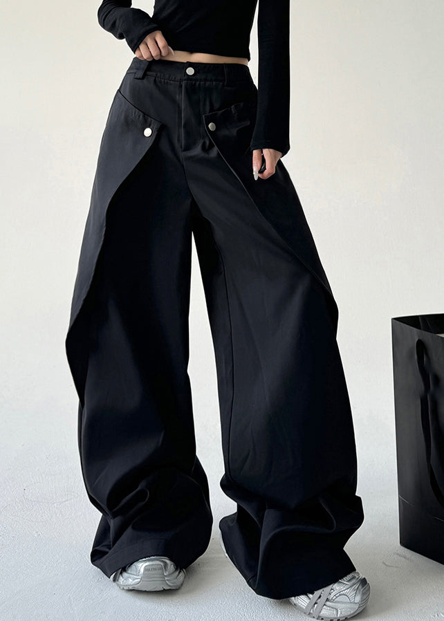 French Black Asymmetrical Pockets Draping Straight Pants Spring Ta059
