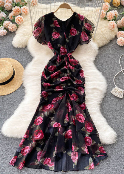 French Black Cinched Print Chiffon Long Dresses Summer Tr024