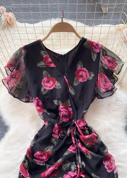 French Black Cinched Print Chiffon Long Dresses Summer Tr024