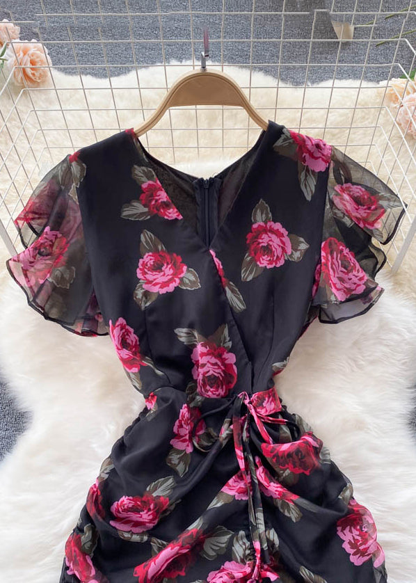 French Black Cinched Print Chiffon Long Dresses Summer Tr024