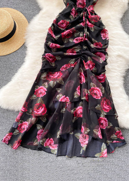 French Black Cinched Print Chiffon Long Dresses Summer Tr024